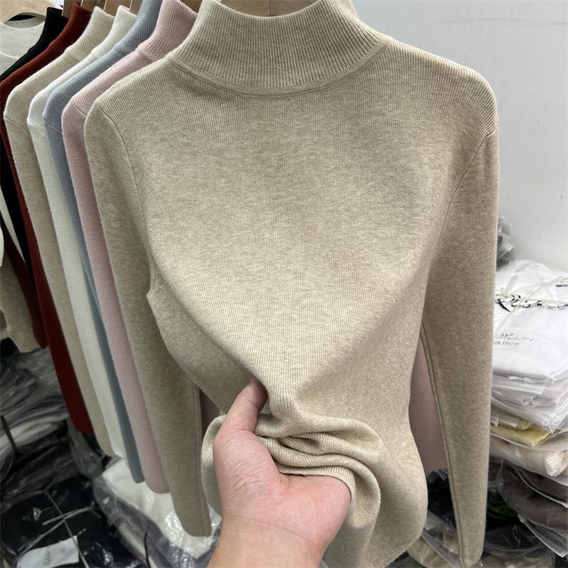 Chic semi-turtleneck Angolan red bottomed shirt for women's autumn and winter slim-fit and warm inside with knitted sweater top