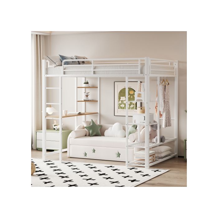 Lit superposé - MUVOE - 90x200 cm - Blanc - Métal - Avec table de travail