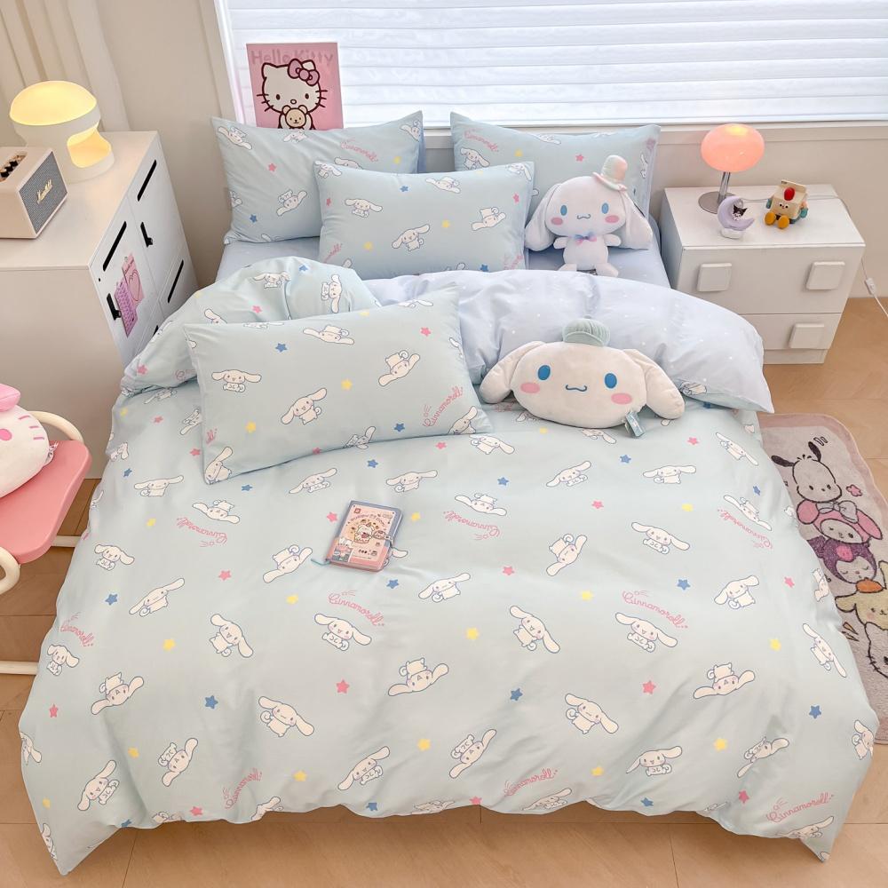 Cartoon Sanrio Kuromi Cinnamoroll Korean Version Sweet Lace Style Pure Cotton Bed Sheet Quilt Cover King Queen Three-Piece Set