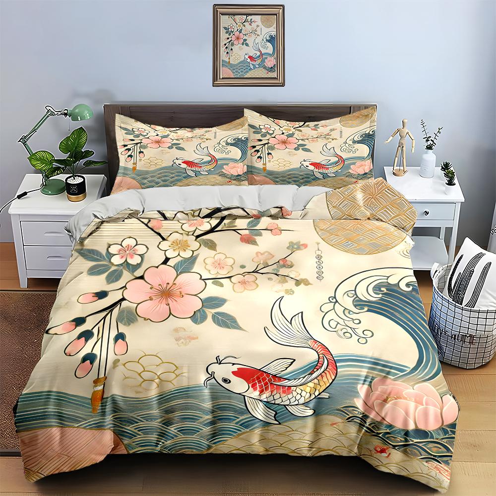 Koi Fish Motif Bedding Duvet Cover Sets Duvet Covers Pillowcases Gifts (1 * Duvet Cover 2 * Pillowcases, Without Duvet Insert)