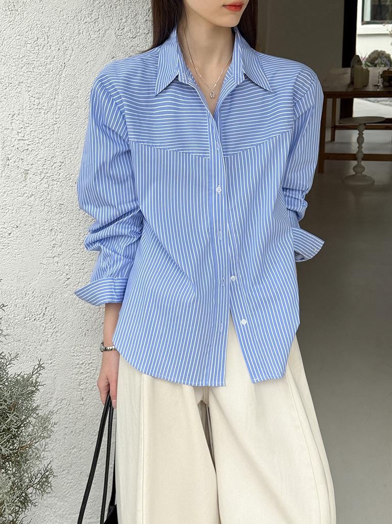 Tachibana Spring New Blue Shirt Stacked Shirt Commuter Temperament Striped Long Sleeve 8111