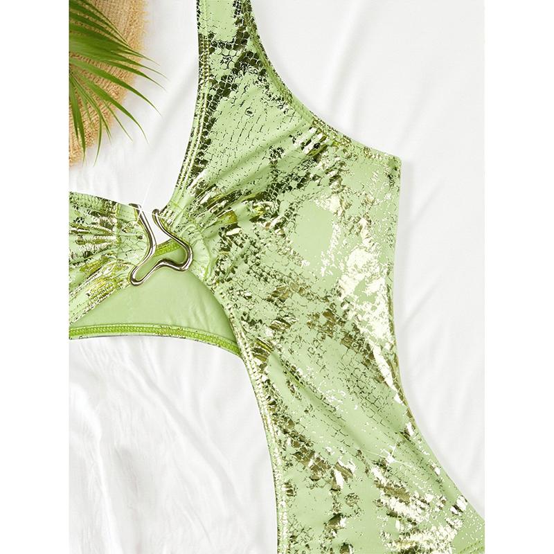 Costume Intero Donna Sexy Stampa Pelle di Serpente Verde Lucido Monospalla Taglio Cut-out Tanga Bikini Costume da Bagno per la Spiaggia