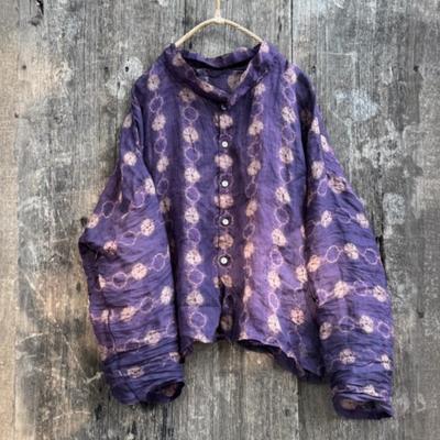 Damen Vintage Print Floral Ramie Hemden Umlegekragen Langarm Oberteile Herbst Knopf Locker Damenblusen