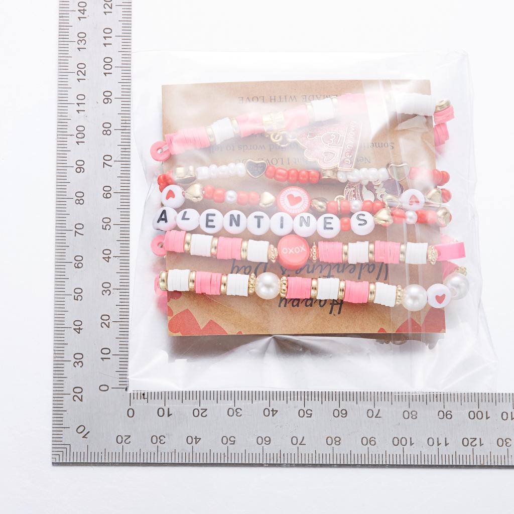 6Pcs/Set Romantic Love Heart Pendant Bracelets for Women Girls Cute Pink Soft Clay Beaded Bangles Valentine's Day Jewelry Gift