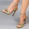 Women's Golden Heels for Ladies Pointed Toe Ankle Strap Wedding Evening Party Dress Shoes Elegant Tacones Fashion Heeled Sandals