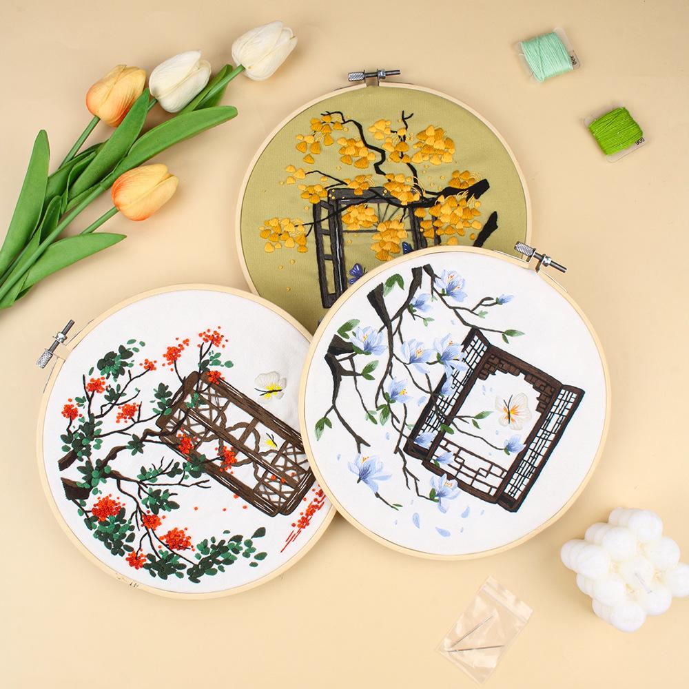 Pacote de Material para Bordado Artesanal DIY, Flores e Plantas, Amor de Outono e Cores de Outono, Estilo Chinês