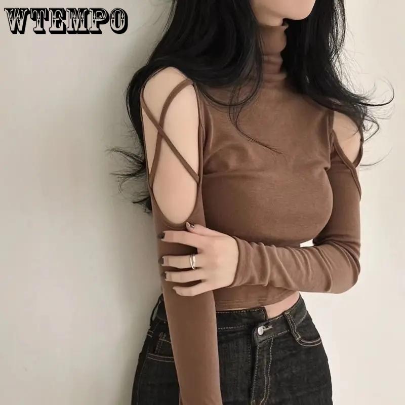 Sexy off Shoulder-topp Langermet, Tight, Hollow Out Høyhalset Underlag Kort T-skjorte Slim Fit