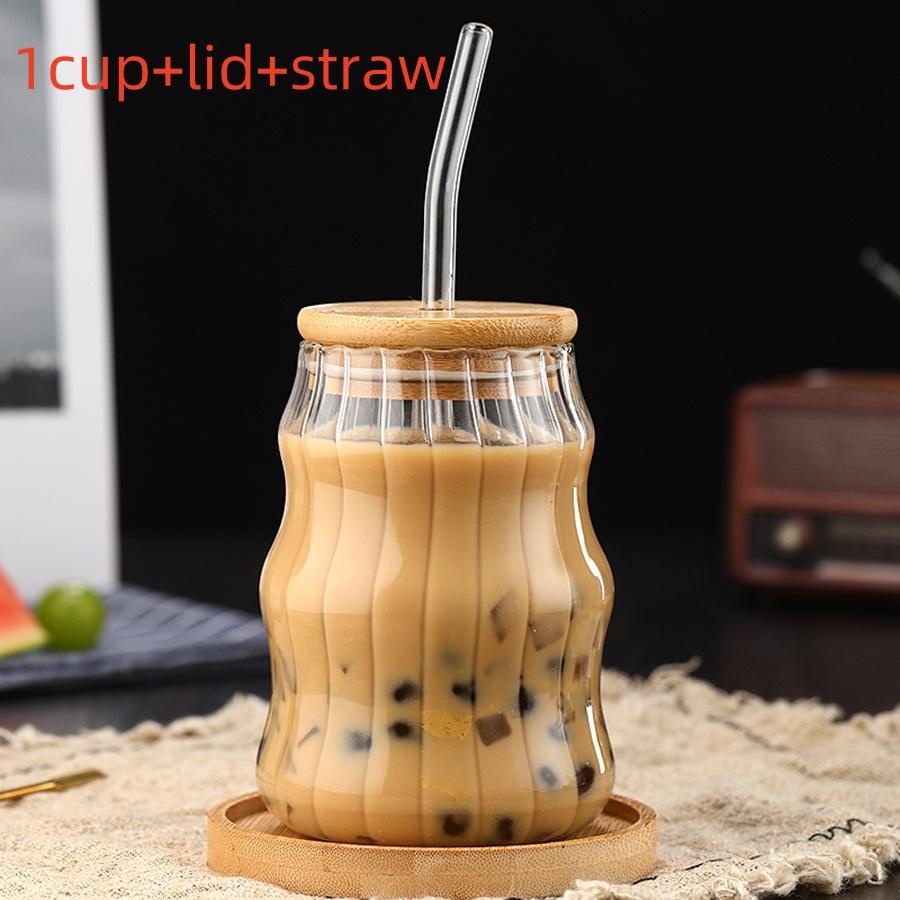 Drinking Glasses with Bamboo Lids and Glass Straw 15oz Glassware Set Glass Tumbler for Iced Coffee Juice Drink Milk
