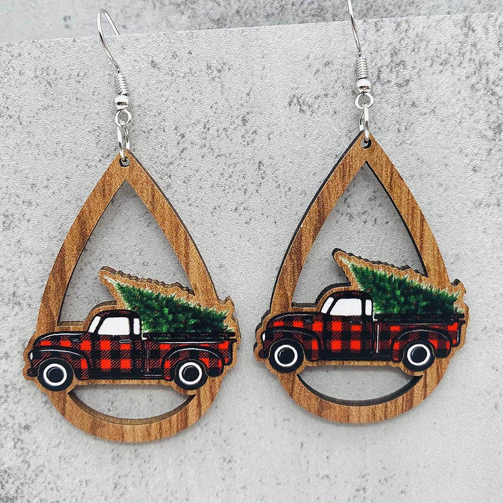 1 Pair of Christmas Holiday Ornaments Santa Bells Red Car Drops Wooden Earrings Christmas Ornaments