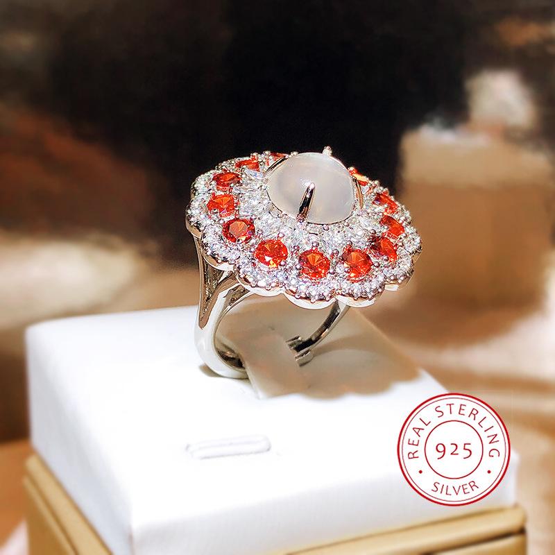 New Imitation Natural Opal Ring For Women  Silver Set Czech Diamond Orange Zircon Ring Party Wedding Jewelry Gift