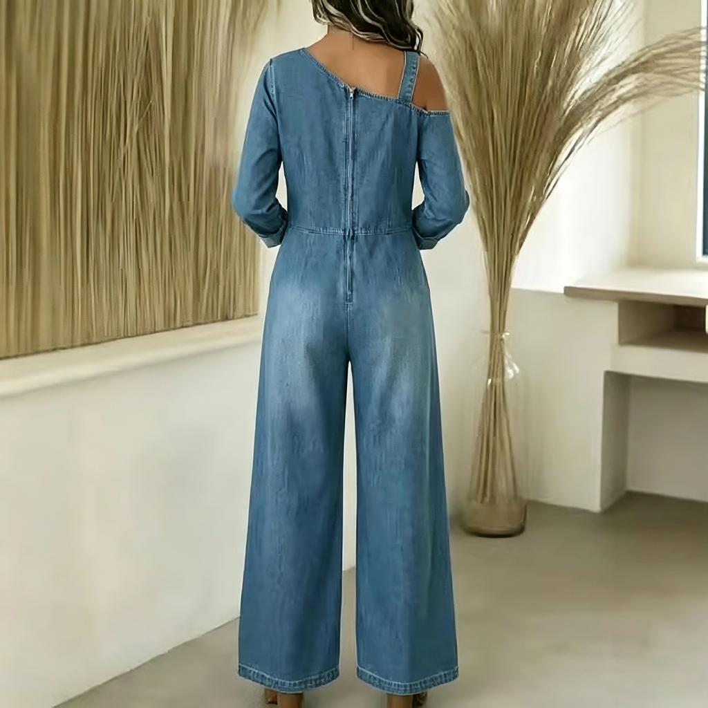 Denim Jumpsuit für Damen Schulterfrei mit Taschen, Bequeme Lässige Lange Hose, Trendiges Mode Sommer Outfit