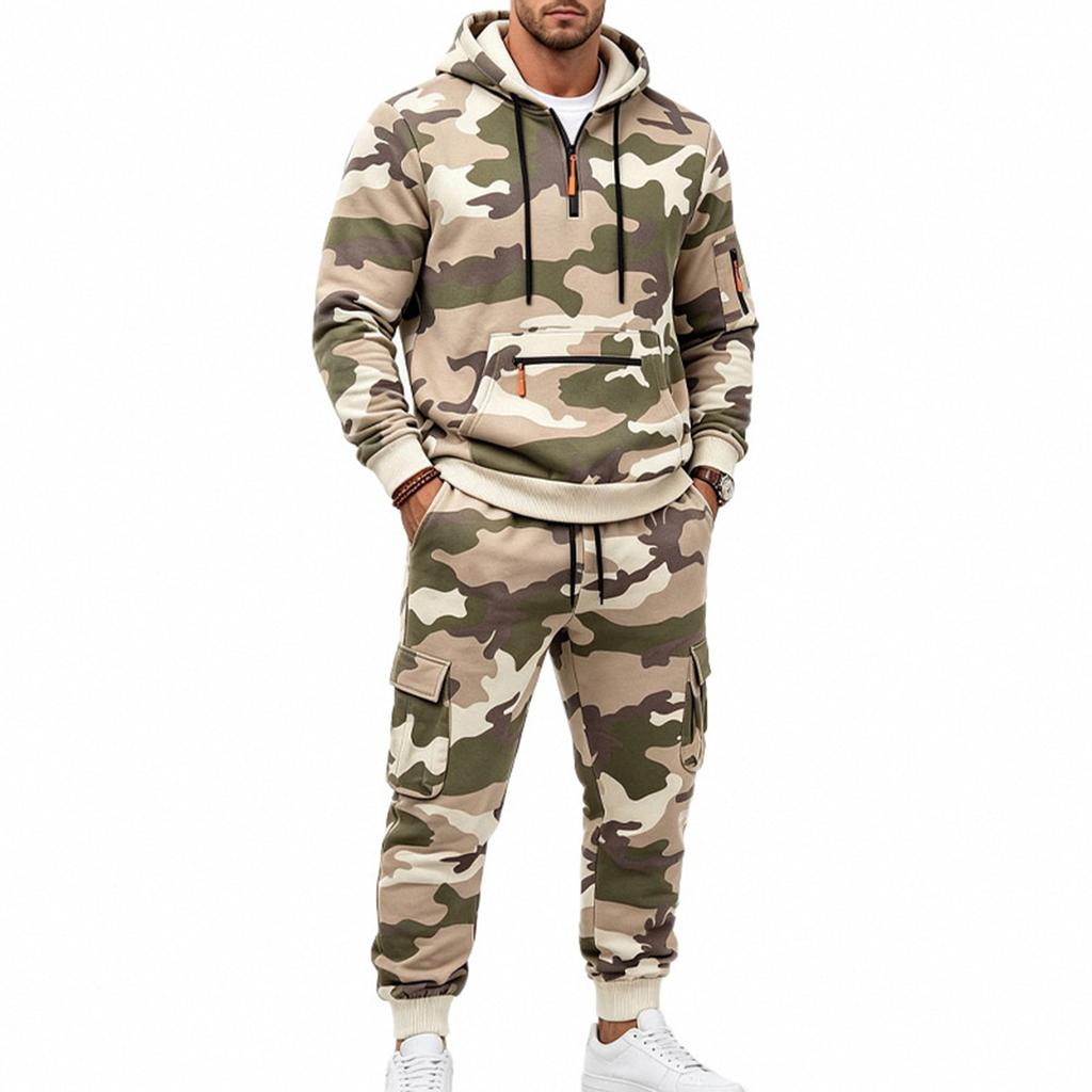 Men's Camouflage Hooded Sweatshirt and Sweatpants Set - Casual Athletic for Cold