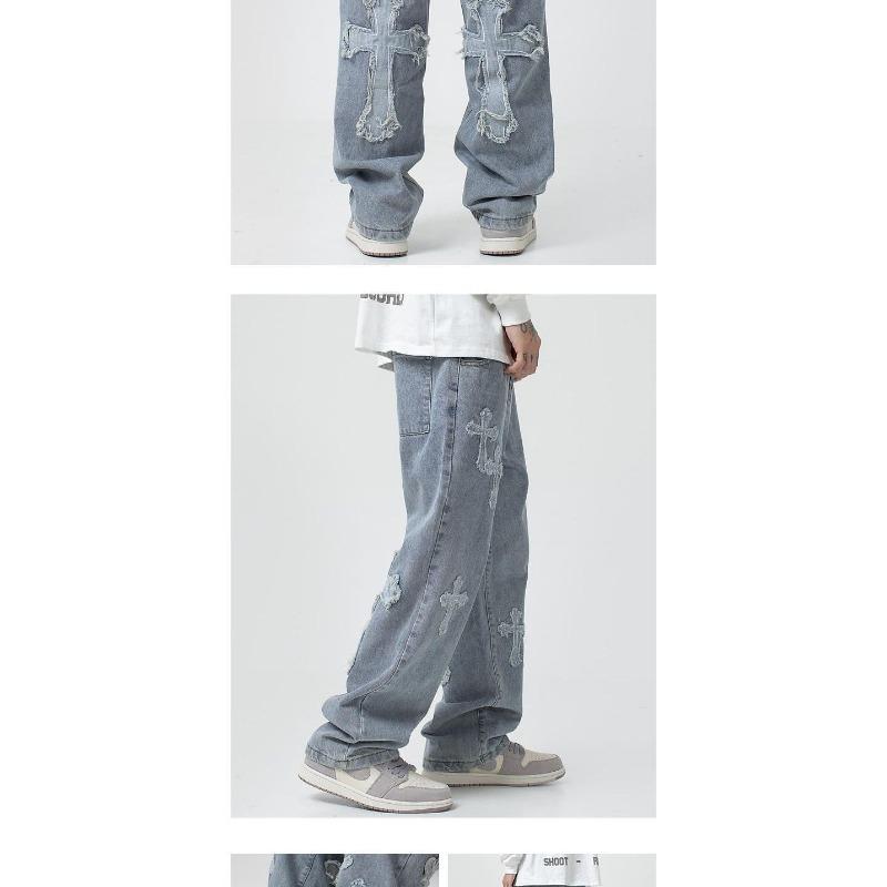 Men Cross Applique Hip Hop Loose Straight Wide Leg Casual Denim Jeans