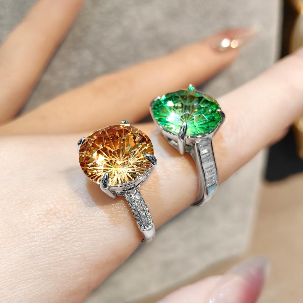 Super sparkling imitation natural green zircon ring with exaggerated large particle champagne colored opening ring