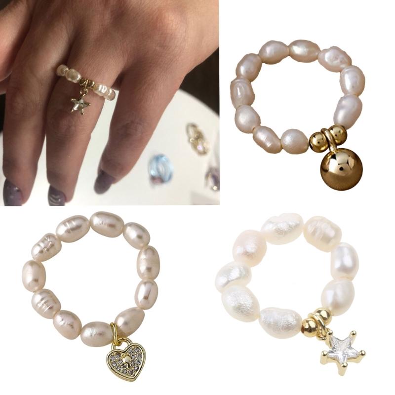 Multi-Beaded Heart Star Pearl Rings Natural Freshwater Pearl Geometric Rings for Women Minimalist Stacked Party Rings