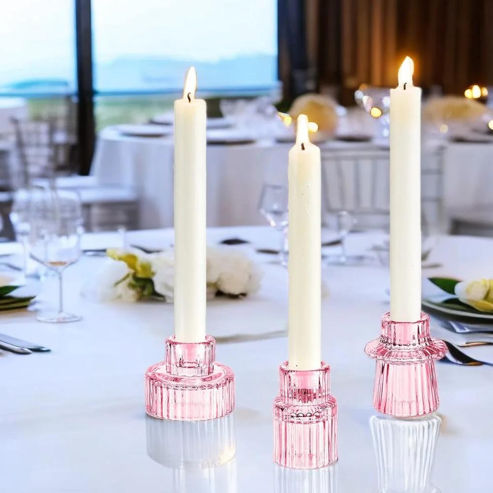 3Pcs Double Sided Vintage Ribbed Taper Glass Candle Holders for Table Centerpieces, Wedding Decorations Dinner Parties