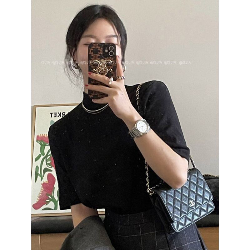 Kumikumi Basic Model French style Half-high Collar Half Sleeve T-shirt Women clothes Autumn Slimming Versatile Solid Inner wear Top