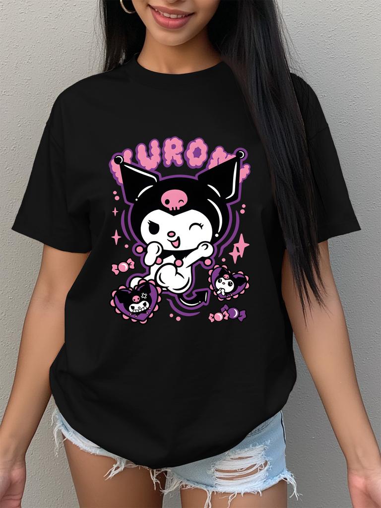 Summer Trend Sanrio Womens Tshirt Casual Trendy and Versatile Kuromi Pattern Soft and Breathable Fabric