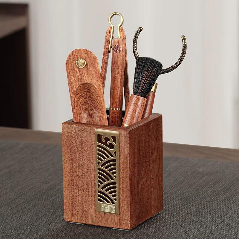 Solid Wood Chinese Tea Ceremony Set with Six Gentlemen Tools and Coasters