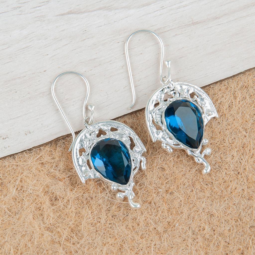 London Blue Topaz Gemstone 925 Sterling Silver Jewelry Handmade Earrings 1.73" CE-5-4