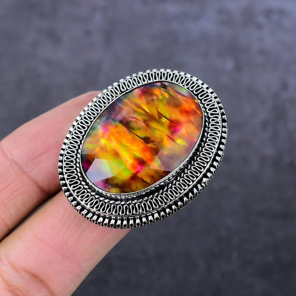 Ammolit Drahokam Ručně vyráběný Šperk Prsten ze Sterlingového Stříbra 925 Velikost 8 Z1e68