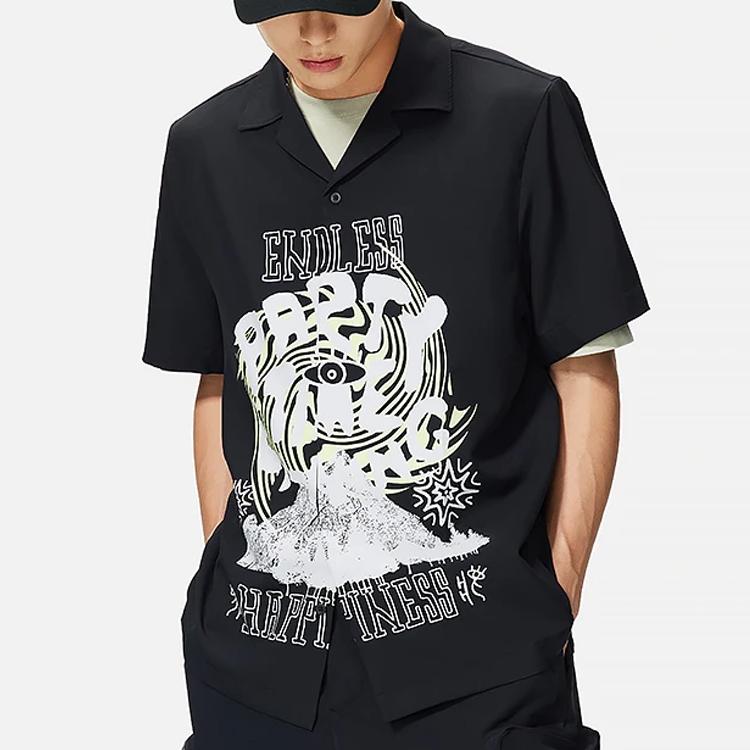 Li-Ning Summer Party Fun Print Button-Down Collar Short Sleeve Shirt Men Tops Black ASHS889-2