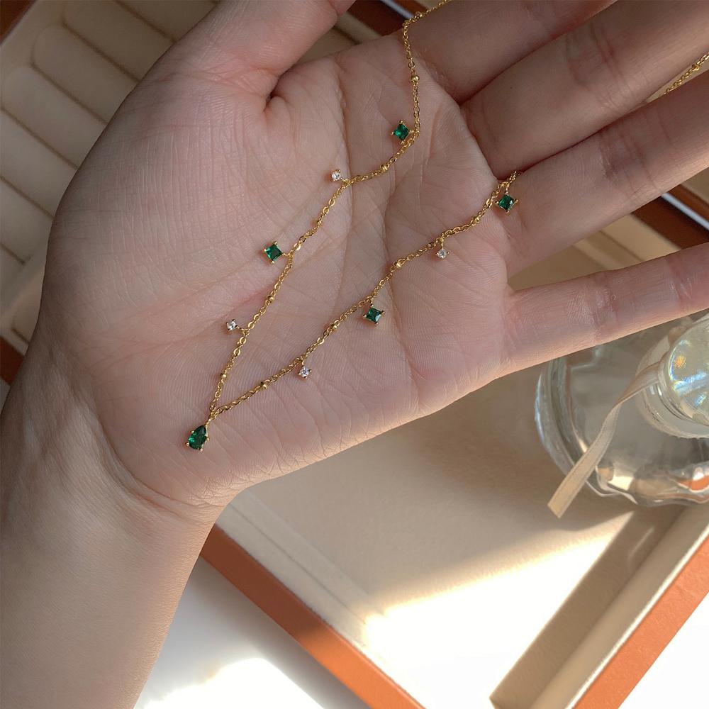 Simple Copper Women Green Fashion Jewelry Zircon Necklace Choker Clavicle Chain