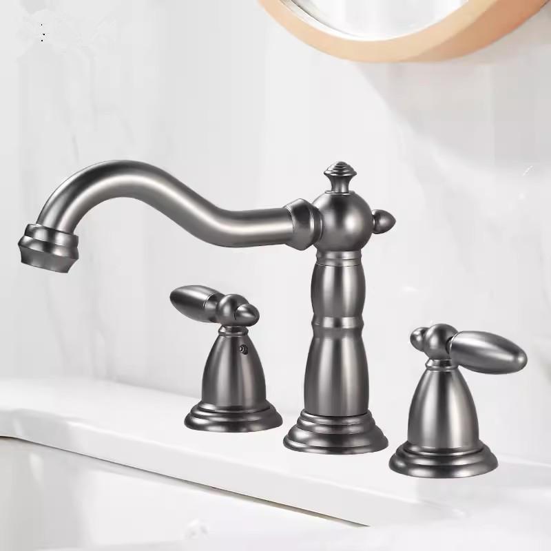 Tuqiu Brushed Gold Bathroom Faucet Antique Basin Faucet Brass Grey Sink Faucet 3 Hole Widespead Hot & Cold Wash Faucet Water Tap