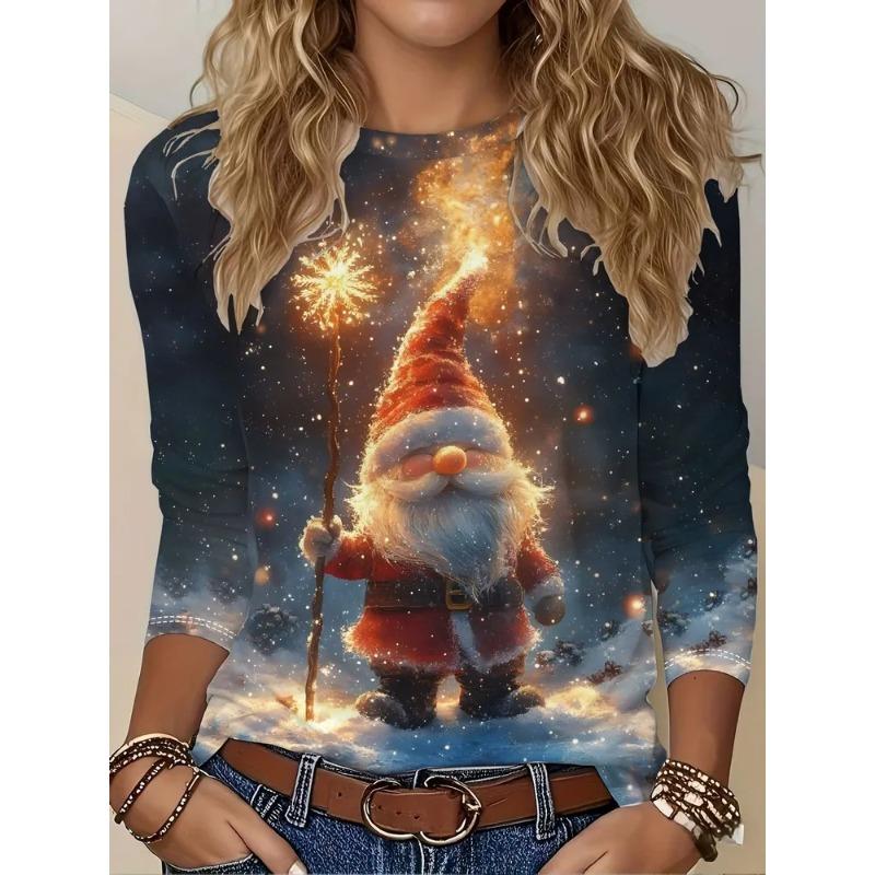 Autumn and Winter Women's 3D Printed Crew Neck Long Sleeve T-Shirt