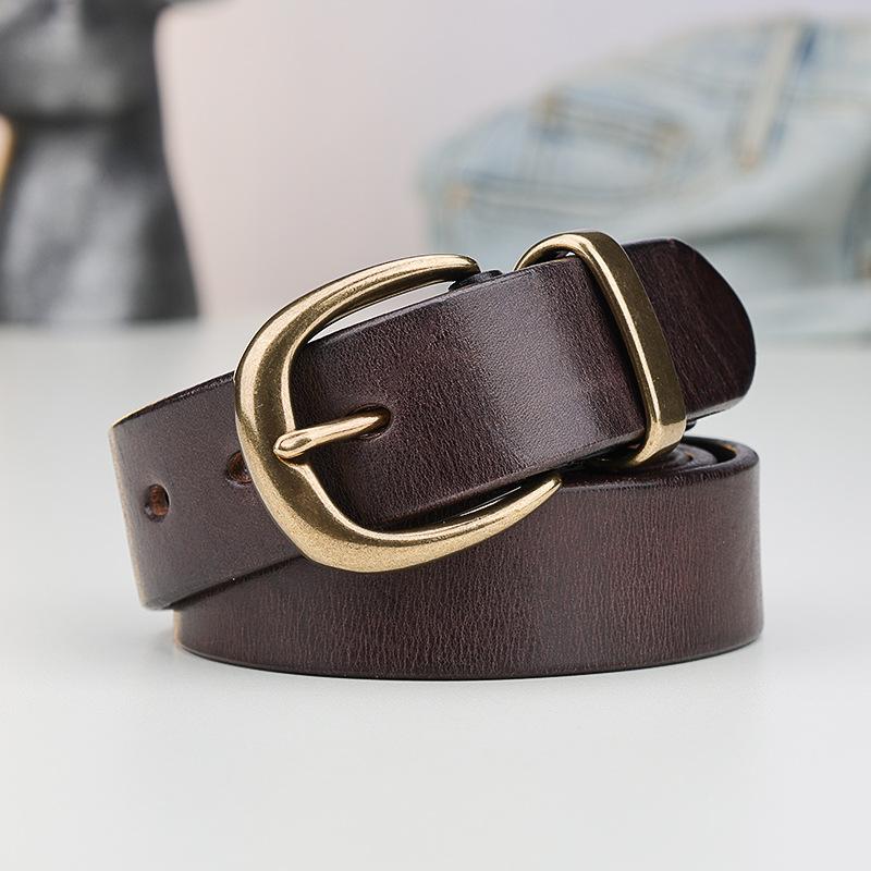 

Copper Buckle Belt Women S Style Retro Pure First Layer Cowhide Simple Korean Jeans Belt Genuine Leather Black 130cm темно-коричневого кольору