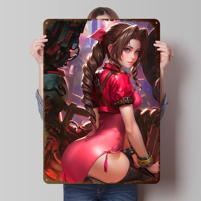 Aerith Gainsborough In a Red Dress Metal Poster Customized Wall Art Retro Vintage Tinplate Signs for Man Cave Office Decor Room