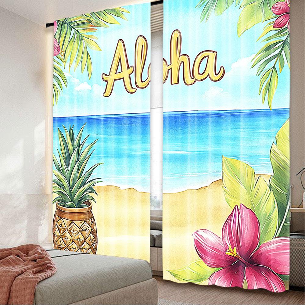 

2Pcs Aloha Curtain Hawaiian Tropical Beach Summer Landscape Birthday Party Decorations Drapes All Season Charm For Living Room 29x65in(75x166cm)