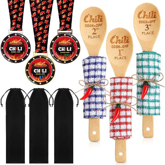 Quelay 15 Pcs Chili Cook off Prizes 1st 2nd 3rd Wooden Spoons Medals Cotton Dishcloths Pepper Charms Trophies Chili Cook off Decorations for Men