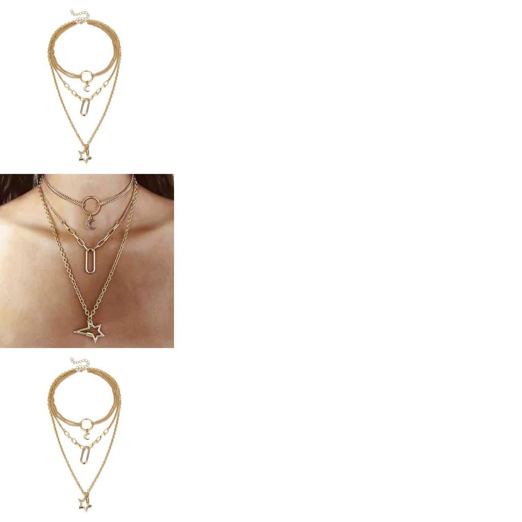 Classic European Style Alloy Moon And Star Layered Pendant Necklace For Women
