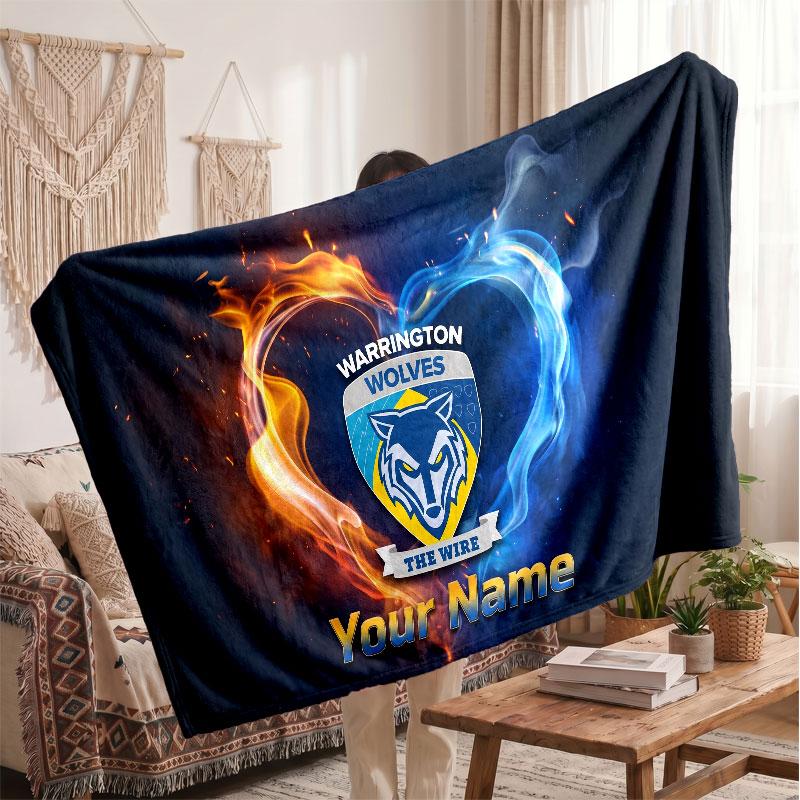 Warrington Wolves FC Personalized Fleece Blanket With Football Logo, Custom Name Text Soft Warm Home Throw Blanket