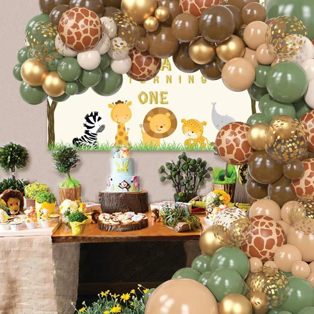 170-Piece Jungle Balloon Wreath Set, Baby Shower Decoration Grey Green Brown And Animal Printed Balloon Brown