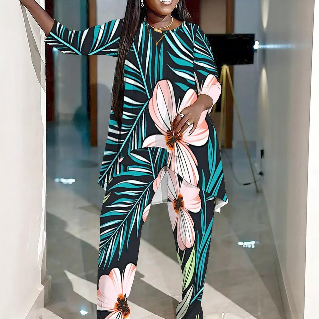 Women Plus Size Two Piece Printed Outfit Irregular Hem Round Neck Three Quarter Sleeve Top Wide Leg Trousers