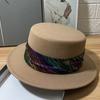 Flat Top Hat Women's Autumn and Winter New French Retro Imitation Wool Celebrity British Style Flat Brim Big Edge Hat Hepburn Hat