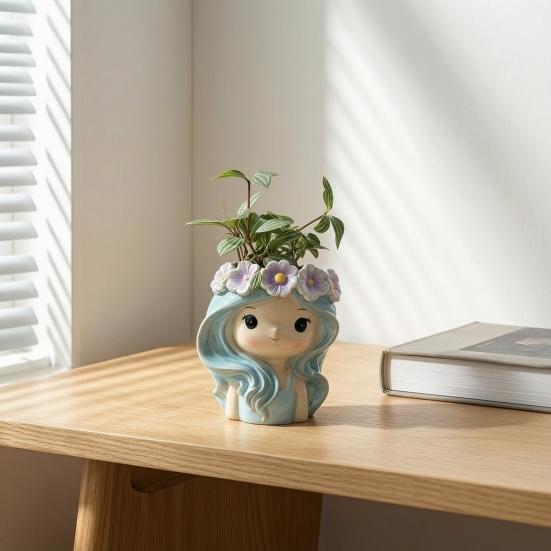 Cartoon Face Planter for Cacti Cute Girl Planter, Blue Hair Garland Head Indoor Plants Decorative Resin Plant Pot Succulents Healing Aesthetic