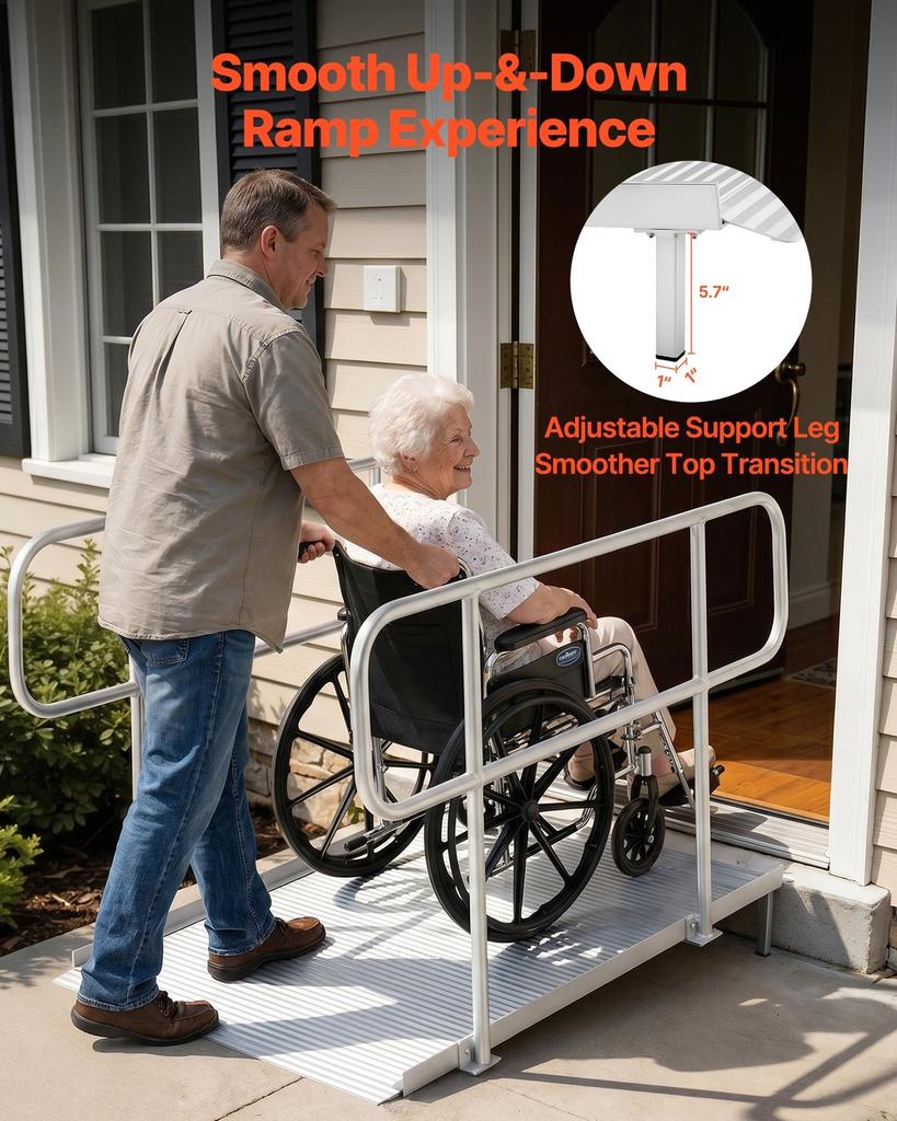 Wheelchair Ramp with Handrails, 1806 x 830 mm, Heavy Duty Wide Aluminum Wheelchair Ramp with Adjustable Legs, 453.6 kg Capacity, Portable Threshold