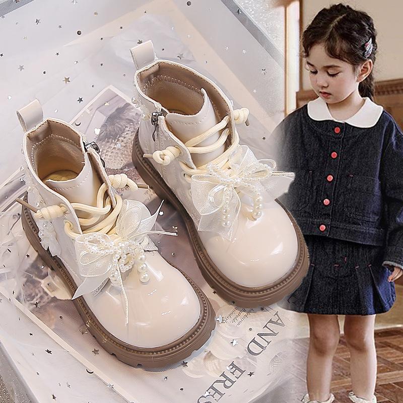 Botines Lisos de Niña Otoño Nuevo Flor de Perla Lazo Lindo Botas Martin de Princesa Botas Individuales