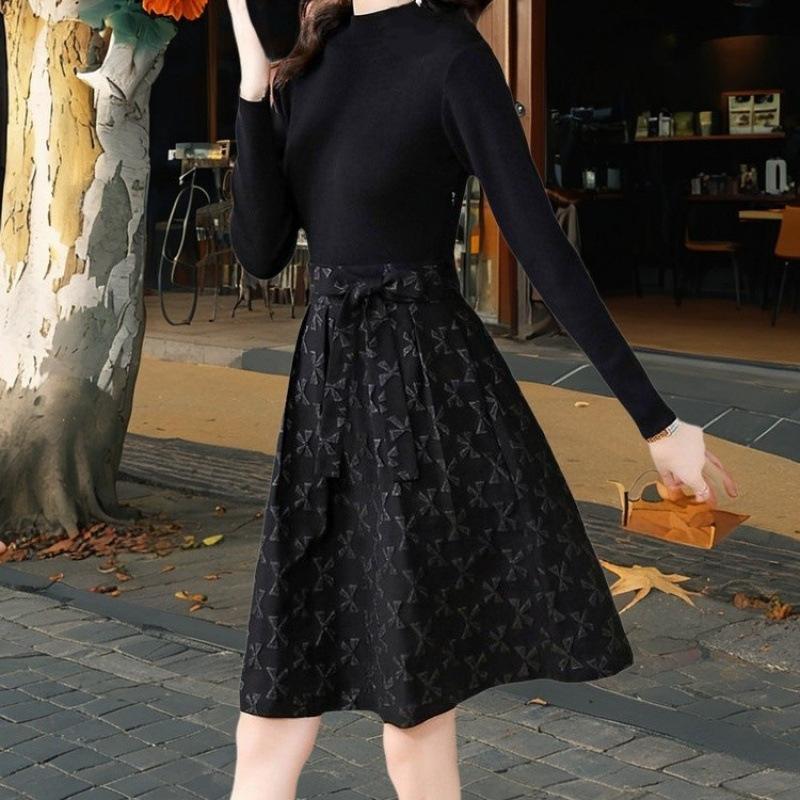 High-end black dress women's spring new fashion jacquard medium and long waist and thin A-shaped dress