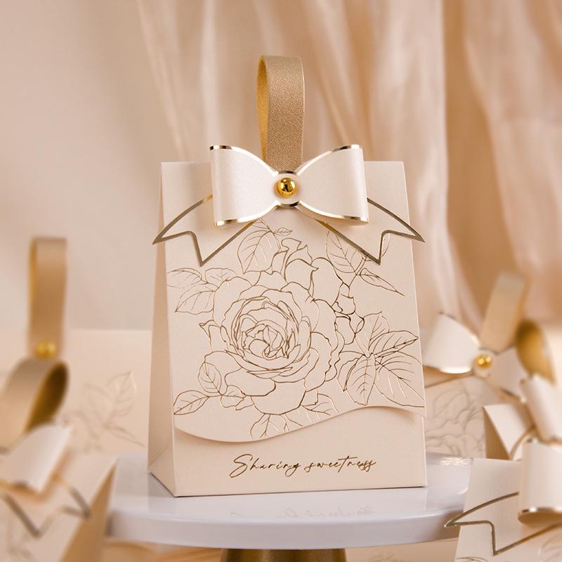 2025 Creamy White Retro French Handbag with Champagne Bow Textured Design - Wedding Candy Box