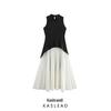 Women's 2024 Winter European & American Style Color Block Sleeveless Pleated Long Dress