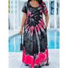 Übergröße Batik-Print Kurzarm Maxikleid, Rundhalsausschnitt Locker Lässig Sommerkleid Mit Seitentaschen, Strandurlaub Langkleid