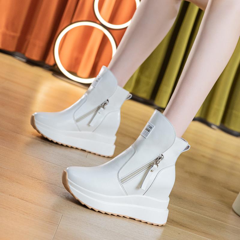 Genuine Leather Shoes Women Fashion Boots 9cm Height Increasing Shoes Flat Platform Ladies Ankle Boots Black Beige