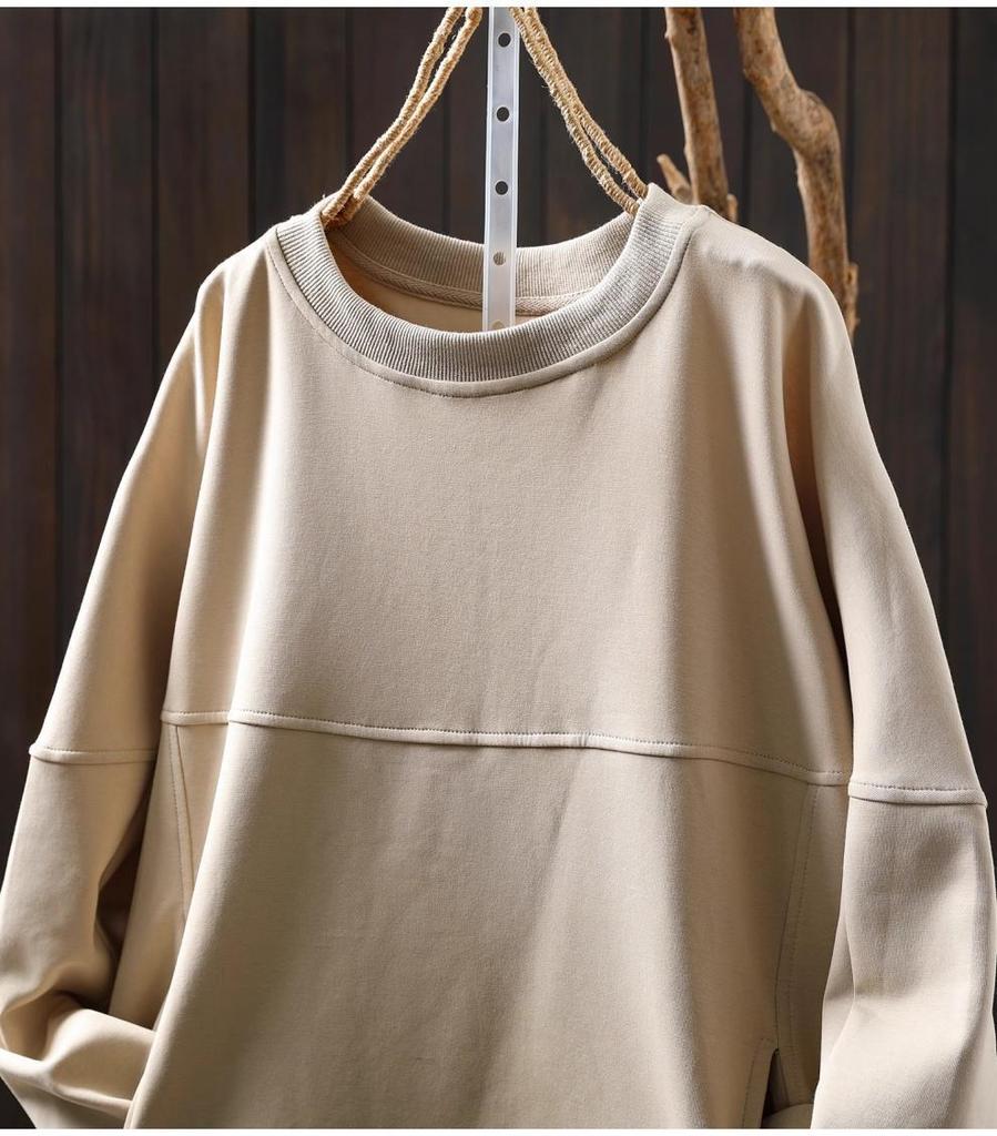 Women's Chic Loose-Fit Retro Sweatshirt with Round Neck, Appliqué & Contrast Stitching - Long Sleeve Casual Top