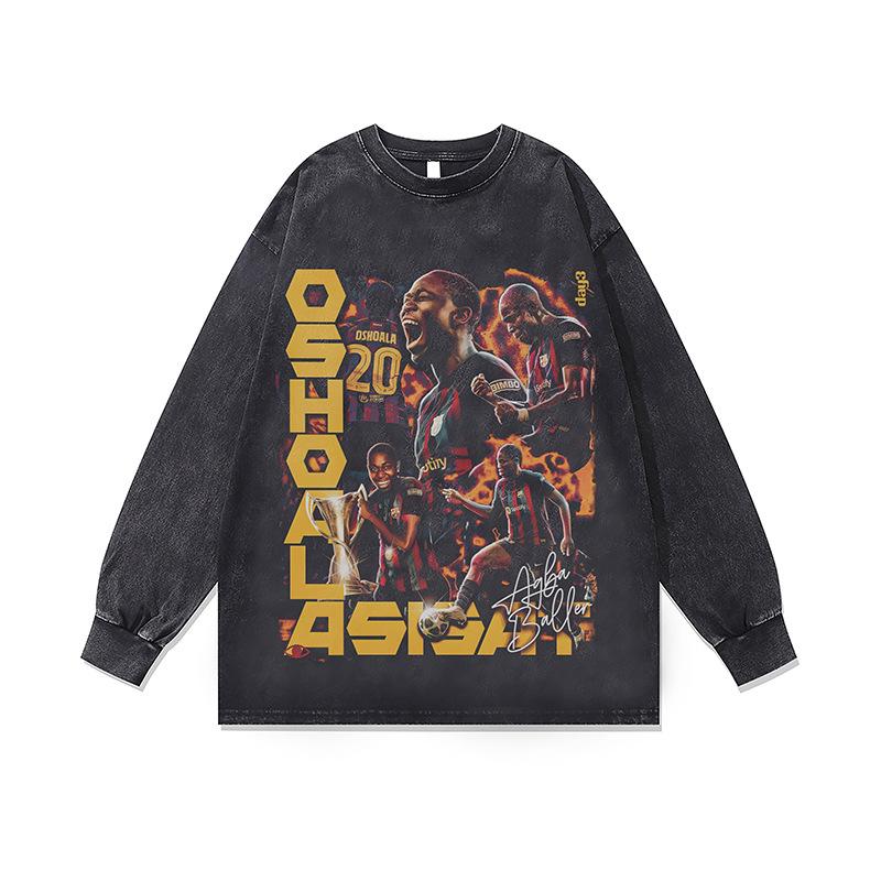 Hip Hop Rap Portrait Print Vintage Washed Long Sleeve T-Shirt Fall And Winter Loose Cotton Crew Neck Base Shirt For Men