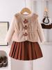 European & American Girls' Apricot Vest, Base Shirt & Short Skirt Set