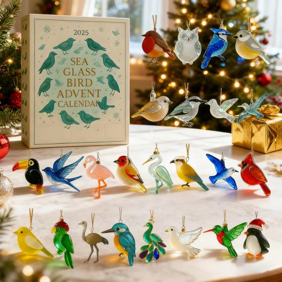 Calendrier de l'Avent Oiseau en Verre de Mer 2025 Compte à Rebours de 24 Jours Décoration d'Arbre de Noël Ornements d'Oiseaux Fabriqués à la Main Cadeau de Fête Significatif